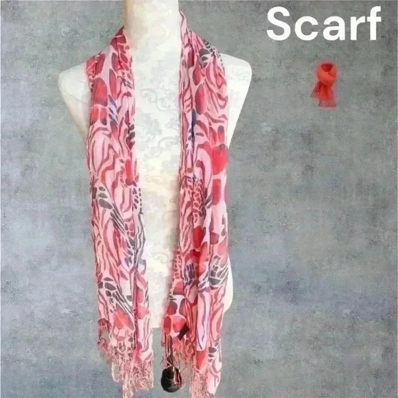 Scarf w/fringes red  blue and white - Picture 7 of 9